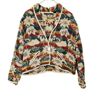 New Identity Vintage Tapestry Cotton Crop Top Jacket With Leaves and Stripes